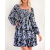 imageBTFBM Women Square Neck Smocked Dresses 2025 Summer Spring Long Sleeve Floral Swiss Dot Mini Boho Wedding Guest DressFloral Black White