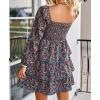 imageBTFBM Women Square Neck Smocked Dresses 2025 Summer Spring Long Sleeve Floral Swiss Dot Mini Boho Wedding Guest DressFloral Blue Orange
