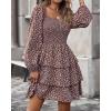 imageBTFBM Women Square Neck Smocked Dresses 2025 Summer Spring Long Sleeve Floral Swiss Dot Mini Boho Wedding Guest DressFloral Brown