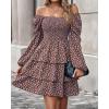 imageBTFBM Women Square Neck Smocked Dresses 2025 Summer Spring Long Sleeve Floral Swiss Dot Mini Boho Wedding Guest DressFloral Brown