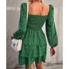 imageBTFBM Women Square Neck Smocked Dresses 2025 Summer Spring Long Sleeve Floral Swiss Dot Mini Boho Wedding Guest DressFloral Green Blue