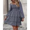 imageBTFBM Women Square Neck Smocked Dresses 2025 Summer Spring Long Sleeve Floral Swiss Dot Mini Boho Wedding Guest DressFloral Navy