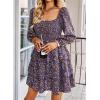 imageBTFBM Women Square Neck Smocked Dresses 2025 Summer Spring Long Sleeve Floral Swiss Dot Mini Boho Wedding Guest DressFloral Purple Red