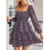 imageBTFBM Women Square Neck Smocked Dresses 2025 Summer Spring Long Sleeve Floral Swiss Dot Mini Boho Wedding Guest DressFloral Purple Red