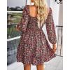imageBTFBM Women Square Neck Smocked Dresses 2025 Summer Spring Long Sleeve Floral Swiss Dot Mini Boho Wedding Guest DressFloral Red Pink