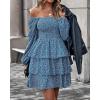 imageBTFBM Women Square Neck Smocked Dresses 2025 Summer Spring Long Sleeve Floral Swiss Dot Mini Boho Wedding Guest DressFloral Royal Blue