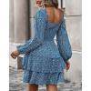 imageBTFBM Women Square Neck Smocked Dresses 2025 Summer Spring Long Sleeve Floral Swiss Dot Mini Boho Wedding Guest DressFloral Royal Blue