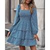 imageBTFBM Women Square Neck Smocked Dresses 2025 Summer Spring Long Sleeve Floral Swiss Dot Mini Boho Wedding Guest DressFloral Royal Blue