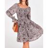 imageBTFBM Women Square Neck Smocked Dresses 2025 Summer Spring Long Sleeve Floral Swiss Dot Mini Boho Wedding Guest DressPrint Flower Brown