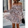 imageBTFBM Women Square Neck Smocked Dresses 2025 Summer Spring Long Sleeve Floral Swiss Dot Mini Boho Wedding Guest DressPrint Flower Brown