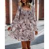 imageBTFBM Women Square Neck Smocked Dresses 2025 Summer Spring Long Sleeve Floral Swiss Dot Mini Boho Wedding Guest DressPrint Flower Brown