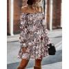 imageBTFBM Women Square Neck Smocked Dresses 2025 Summer Spring Long Sleeve Floral Swiss Dot Mini Boho Wedding Guest DressPrint Flower Brown