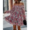 imageBTFBM Women Square Neck Smocked Dresses 2025 Summer Spring Long Sleeve Floral Swiss Dot Mini Boho Wedding Guest DressPrint Flower Red