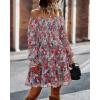 imageBTFBM Women Square Neck Smocked Dresses 2025 Summer Spring Long Sleeve Floral Swiss Dot Mini Boho Wedding Guest DressPrint Flower Red