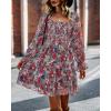imageBTFBM Women Square Neck Smocked Dresses 2025 Summer Spring Long Sleeve Floral Swiss Dot Mini Boho Wedding Guest DressPrint Flower Red