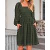 imageBTFBM Women Square Neck Smocked Dresses 2025 Summer Spring Long Sleeve Floral Swiss Dot Mini Boho Wedding Guest DressSwiss Dot Army Green