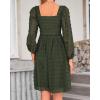 imageBTFBM Women Square Neck Smocked Dresses 2025 Summer Spring Long Sleeve Floral Swiss Dot Mini Boho Wedding Guest DressSwiss Dot Army Green