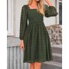 imageBTFBM Women Square Neck Smocked Dresses 2025 Summer Spring Long Sleeve Floral Swiss Dot Mini Boho Wedding Guest DressSwiss Dot Army Green