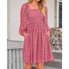 imageBTFBM Women Square Neck Smocked Dresses 2025 Summer Spring Long Sleeve Floral Swiss Dot Mini Boho Wedding Guest DressSwiss Dot Bean Paste Red