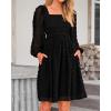 imageBTFBM Women Square Neck Smocked Dresses 2025 Summer Spring Long Sleeve Floral Swiss Dot Mini Boho Wedding Guest DressSwiss Dot Black