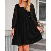 imageBTFBM Women Square Neck Smocked Dresses 2025 Summer Spring Long Sleeve Floral Swiss Dot Mini Boho Wedding Guest DressSwiss Dot Black
