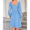 imageBTFBM Women Square Neck Smocked Dresses 2025 Summer Spring Long Sleeve Floral Swiss Dot Mini Boho Wedding Guest DressSwiss Dot Blue
