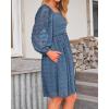 imageBTFBM Women Square Neck Smocked Dresses 2025 Summer Spring Long Sleeve Floral Swiss Dot Mini Boho Wedding Guest DressSwiss Dot Grey Blue