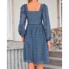 imageBTFBM Women Square Neck Smocked Dresses 2025 Summer Spring Long Sleeve Floral Swiss Dot Mini Boho Wedding Guest DressSwiss Dot Grey Blue