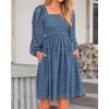 imageBTFBM Women Square Neck Smocked Dresses 2025 Summer Spring Long Sleeve Floral Swiss Dot Mini Boho Wedding Guest DressSwiss Dot Grey Blue