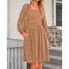 imageBTFBM Women Square Neck Smocked Dresses 2025 Summer Spring Long Sleeve Floral Swiss Dot Mini Boho Wedding Guest DressSwiss Dot Khaki