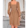 imageBTFBM Women Square Neck Smocked Dresses 2025 Summer Spring Long Sleeve Floral Swiss Dot Mini Boho Wedding Guest DressSwiss Dot Khaki