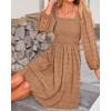 imageBTFBM Women Square Neck Smocked Dresses 2025 Summer Spring Long Sleeve Floral Swiss Dot Mini Boho Wedding Guest DressSwiss Dot Khaki