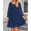 imageBTFBM Women Square Neck Smocked Dresses 2025 Summer Spring Long Sleeve Floral Swiss Dot Mini Boho Wedding Guest DressSwiss Dot Navy