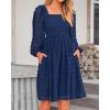 imageBTFBM Women Square Neck Smocked Dresses 2025 Summer Spring Long Sleeve Floral Swiss Dot Mini Boho Wedding Guest DressSwiss Dot Navy