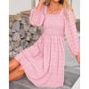 imageBTFBM Women Square Neck Smocked Dresses 2025 Summer Spring Long Sleeve Floral Swiss Dot Mini Boho Wedding Guest DressSwiss Dot Pink