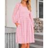 imageBTFBM Women Square Neck Smocked Dresses 2025 Summer Spring Long Sleeve Floral Swiss Dot Mini Boho Wedding Guest DressSwiss Dot Pink