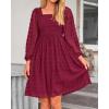 imageBTFBM Women Square Neck Smocked Dresses 2025 Summer Spring Long Sleeve Floral Swiss Dot Mini Boho Wedding Guest DressSwiss Dot Wine Red