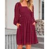 imageBTFBM Women Square Neck Smocked Dresses 2025 Summer Spring Long Sleeve Floral Swiss Dot Mini Boho Wedding Guest DressSwiss Dot Wine Red