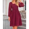 imageBTFBM Women Square Neck Smocked Dresses 2025 Summer Spring Long Sleeve Floral Swiss Dot Mini Boho Wedding Guest DressSwiss Dot Wine Red