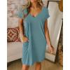 imageBTFBM Women V Neck Short Sleeve Summer Dresses Beach 2025 Spring Casual Loose Tunic Short TShirt Dress Pajamas PocketsGrey Blue