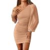 imageBTFBM Women One Shoulder Ruched Bodycon Mini Dress Puff Long Sleeve 2025 Summer Fall Club Party Cocktail Short DressesSolid Apricot