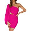 imageBTFBM Women One Shoulder Ruched Bodycon Mini Dress Puff Long Sleeve 2025 Summer Fall Club Party Cocktail Short DressesZrose Red