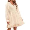 imageBTFBM Women Smocked Short Dress V Neck Long Sleeve Casual Swiss Dot Ruffle Chiffon Flowy Mini Summer Spring Dresses 2025Solid Apricot