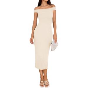 imageBTFBM Summer Dresses for Women 2025 Formal Maxi Sleeveless Off Shoulder Knit Bodycon Slit Cocktail Wedding Guest DressApricot