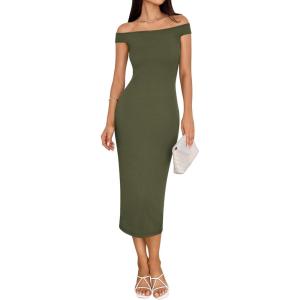 imageBTFBM Summer Dresses for Women 2025 Formal Maxi Sleeveless Off Shoulder Knit Bodycon Slit Cocktail Wedding Guest DressArmy Green