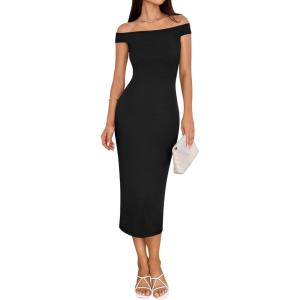 imageBTFBM Summer Dresses for Women 2025 Formal Maxi Sleeveless Off Shoulder Knit Bodycon Slit Cocktail Wedding Guest DressBlack