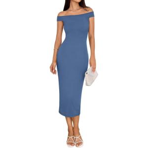 imageBTFBM Summer Dresses for Women 2025 Formal Maxi Sleeveless Off Shoulder Knit Bodycon Slit Cocktail Wedding Guest DressBlue