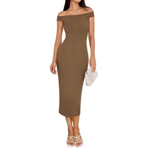 imageBTFBM Summer Dresses for Women 2025 Formal Maxi Sleeveless Off Shoulder Knit Bodycon Slit Cocktail Wedding Guest DressCamel