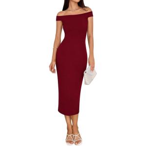 imageBTFBM Summer Dresses for Women 2025 Formal Maxi Sleeveless Off Shoulder Knit Bodycon Slit Cocktail Wedding Guest DressWine Red