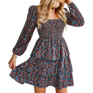 imageBTFBM Women Square Neck Smocked Dresses 2025 Summer Spring Long Sleeve Floral Swiss Dot Mini Boho Wedding Guest DressFloral Blue Orange